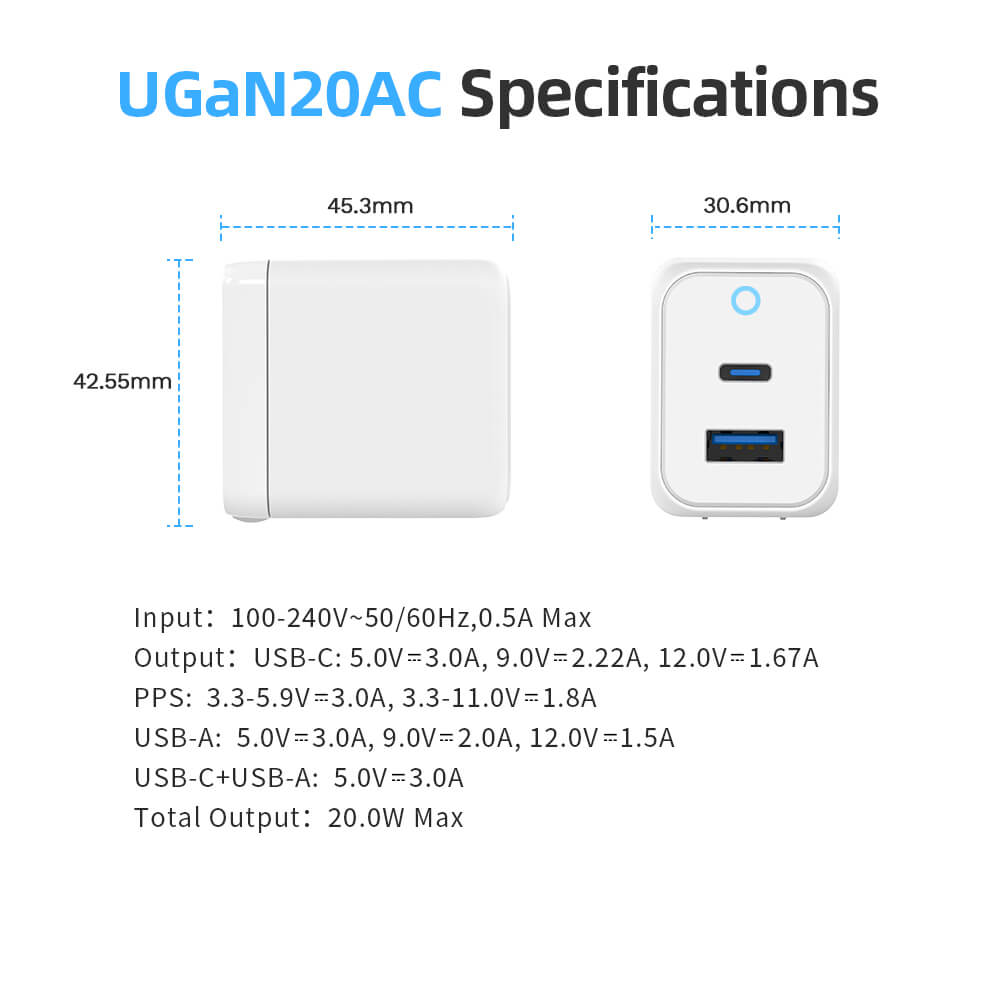 USBANGEL UGaN20AC 20W GaN Wall Charger Block, Durable Dual Port QC+PD Power Adapter