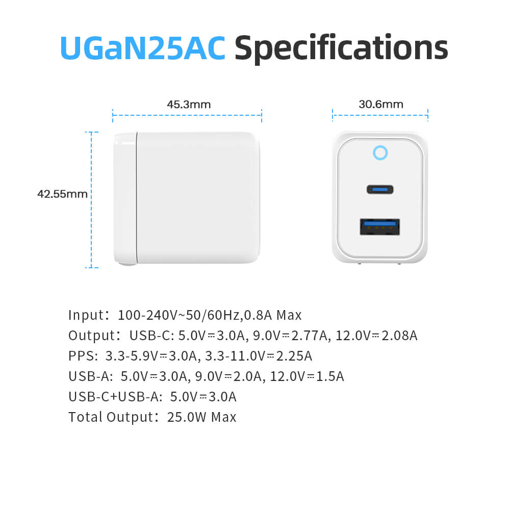 USBANGEL UGaN25AC 25W GaN Wall Charger Block, Durable Dual Port QC+PD Power Adapter