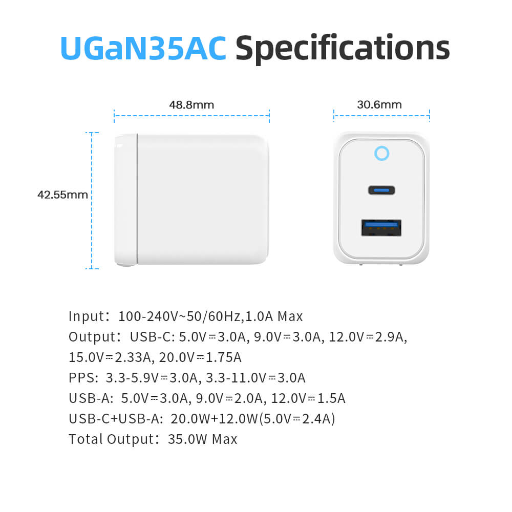 USBANGEL UGaN35AC 35W GaN Wall Charger Block, Durable Dual Port QC+PD Power Adapter