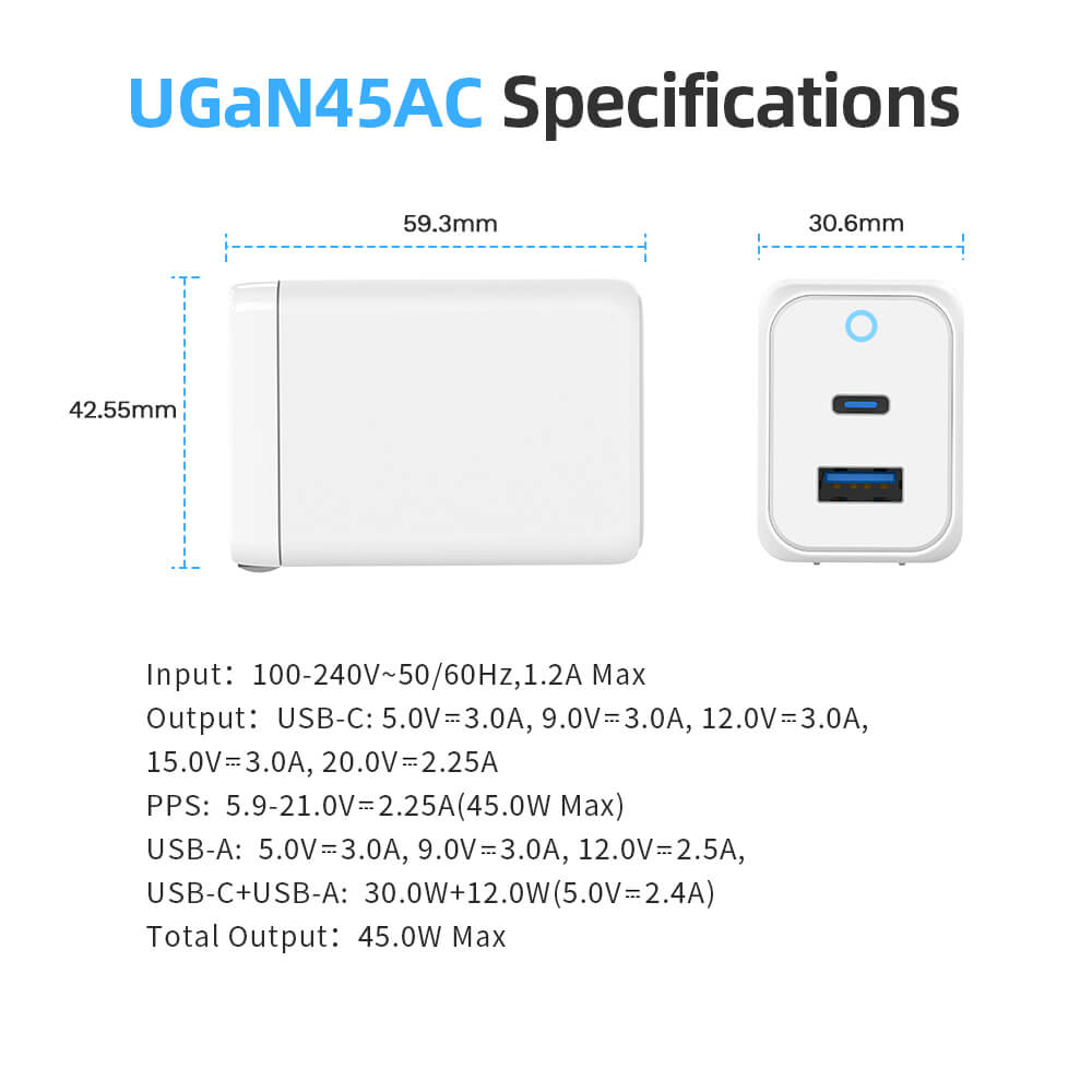 USBANGEL UGaN45AC 45W GaN Wall Charger Block, Durable Dual Port QC+PD Power Adapter